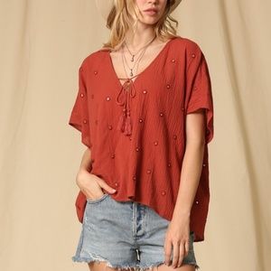 NWT Rust Boho Tassel Tie Top